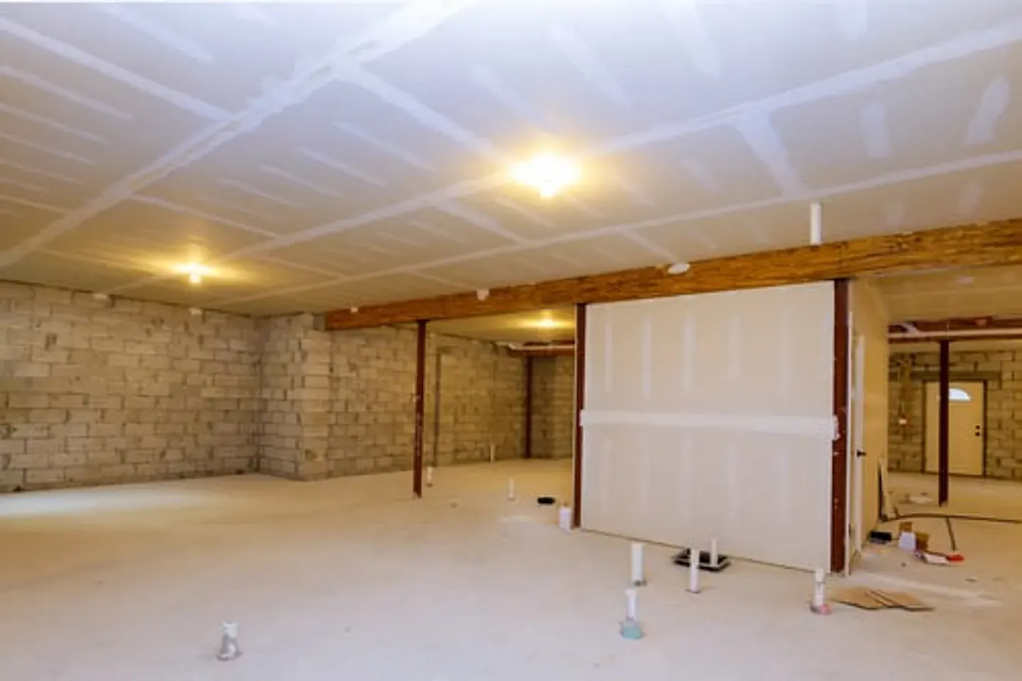 Basement remodel with framing and drywall work underway