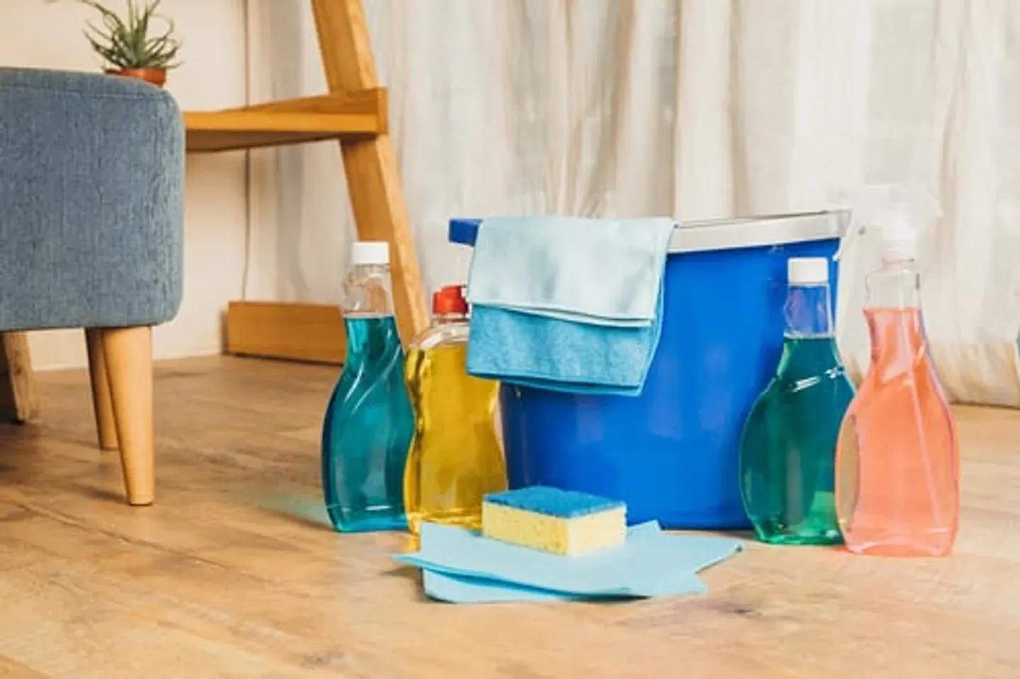 Professional residential cleaning supplies staged in a Northern Virginia home